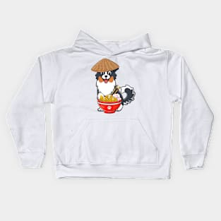 Funny collie dog is eating noodles Kids Hoodie